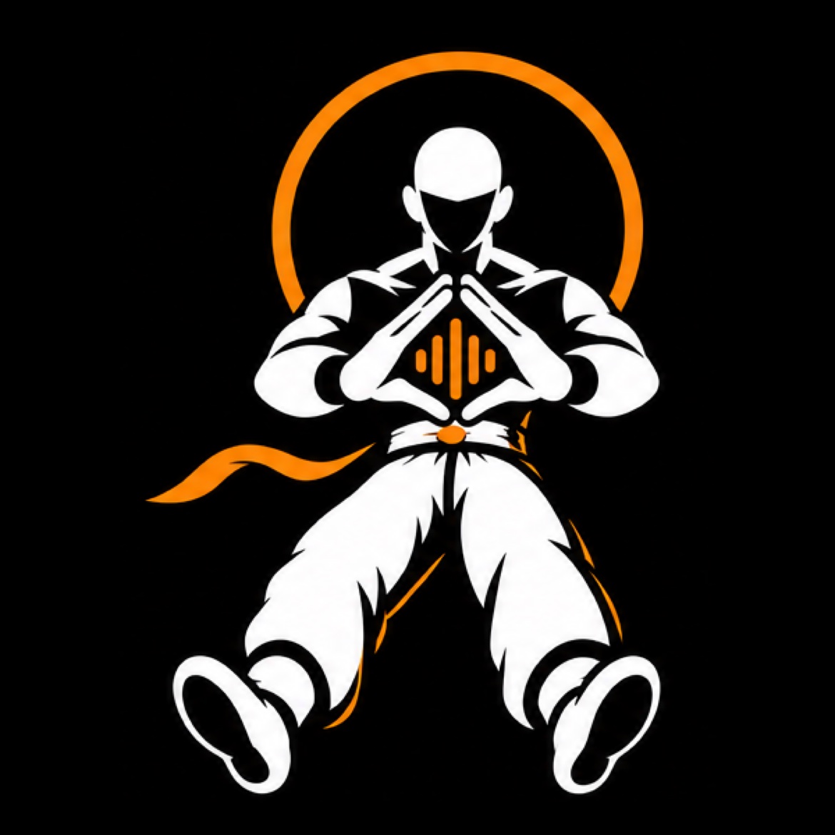 KikoMix character — a martial-arts figure in a white gi with orange accents and a halo ring, hands forming the triangle-waveform gesture