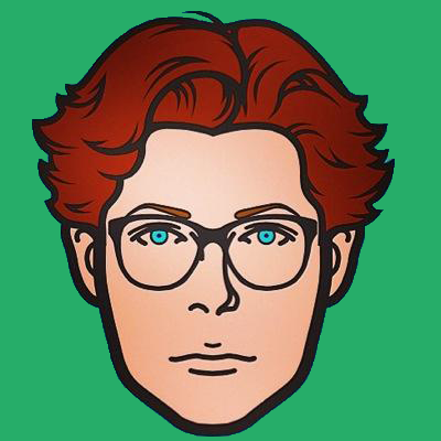 Legacy nsukonik logo: illustrated head with red hair and glasses on a green background